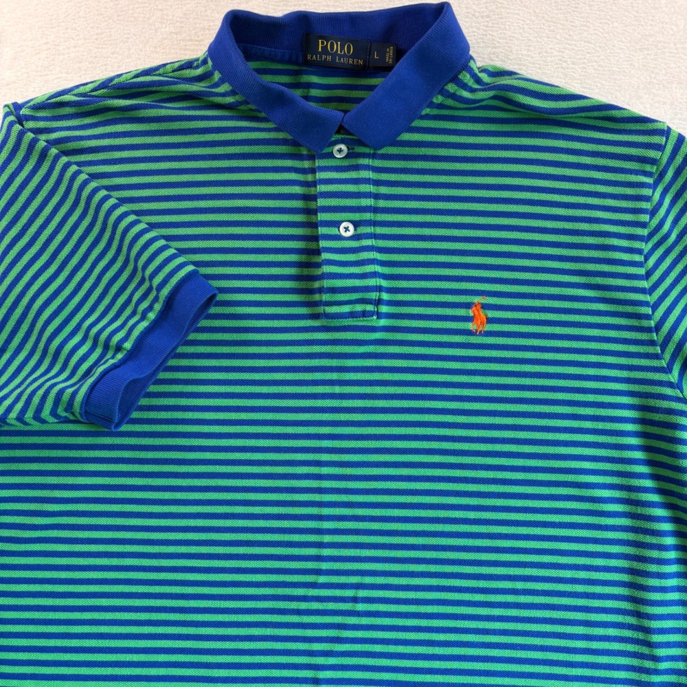 Polo Ralph Lauren Mens L Green Blue Striped Short Sleeve Polo Orange Pony Logo